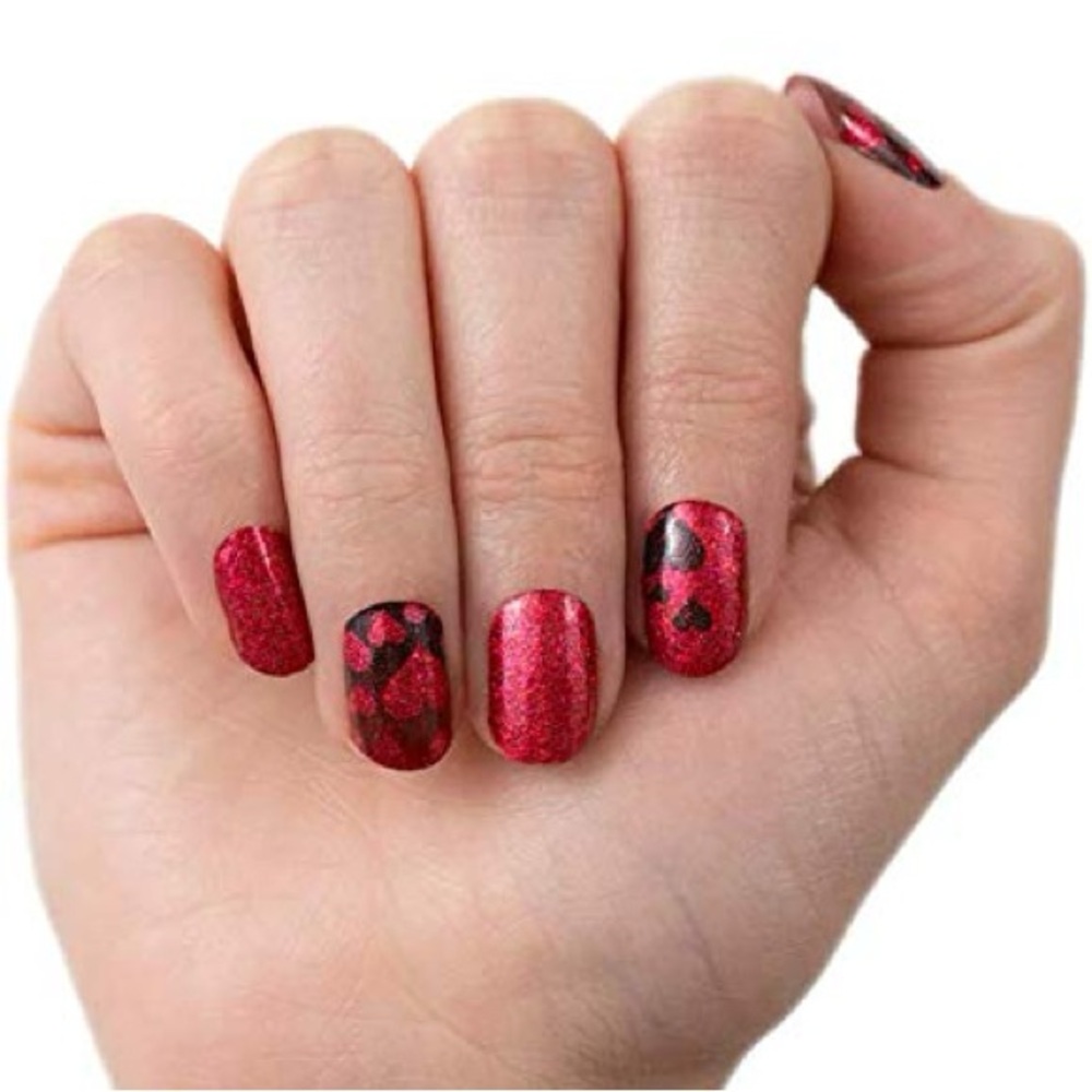 Color Street Sparkling Red Nail Strips with Black Hearts